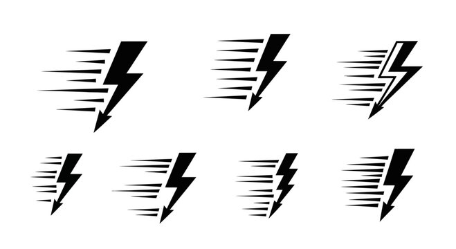 Speeding Lightning Bolt Icons Set, Energy, Power, Fast Motion Graphic