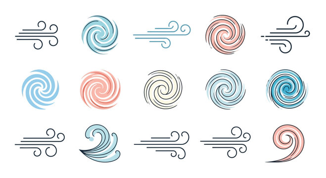 Wind and Swirl Icons: Air Flow, Breeze, Cyclone, Vortex, Weather Symbols