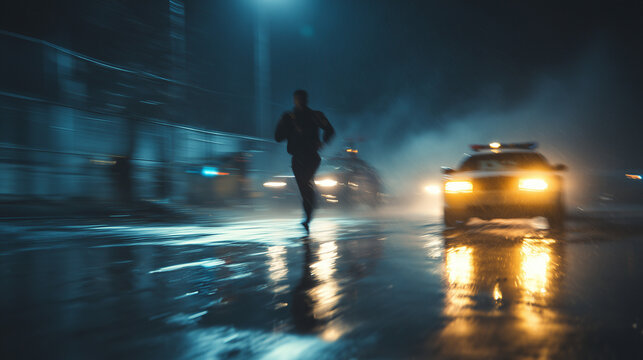 A suspect flees through dark city streets at night while police officers pursue in a tense urban crime chase scene with dramatic cinematic atmosphere.