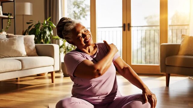 Happy senior African American woman stretching in sunny living room