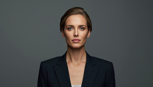 Confident professional woman portrait wearing dark blazer, neutral studio background