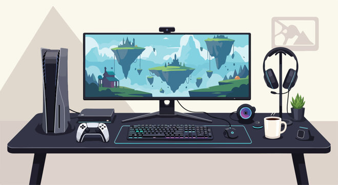 A gaming setup with a large monitor