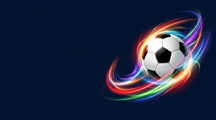 Naklejka premium Professional soccer ball surrounded by colorful dynamic neon light streaks.