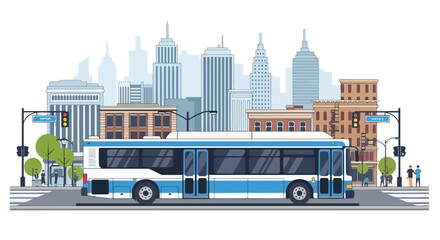 A blue and white bus stopped at an urban intersection © Rilias