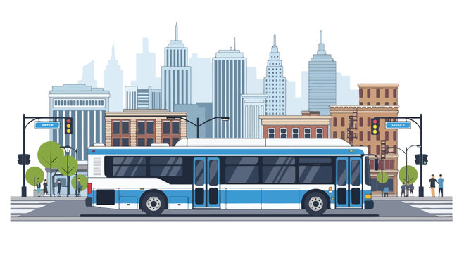A blue and white bus stopped at an urban intersection