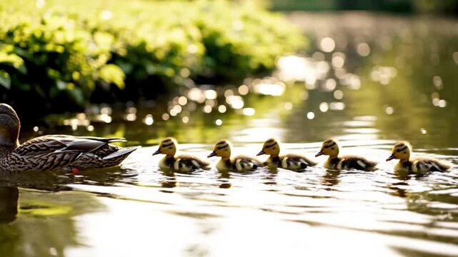 Wild mallard ducks and tiny ducklings swim across the peaceful green park lake surrounded by nature and wildlife