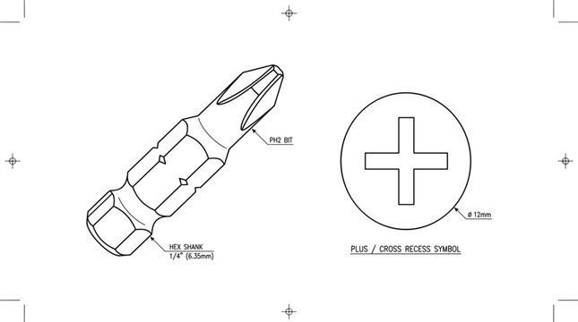 Phillips screwdriver bit technical drawing featuring cross head screw detail measurement blueprint and engineering tool specification vector illustration