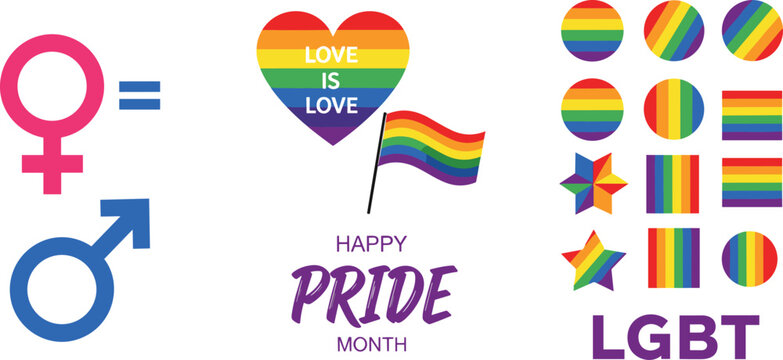 LGBT pride month vector set featuring rainbow symbols gender equality icons heart flag and colorful geometric shapes representing diversity and inclusion