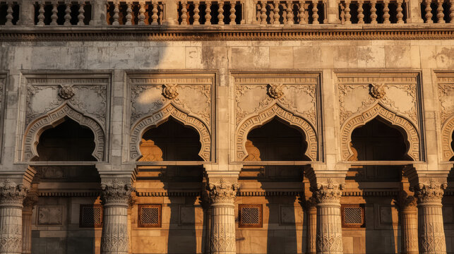 Ornate stone facade with carved arches and columns bathed in warm sunlight