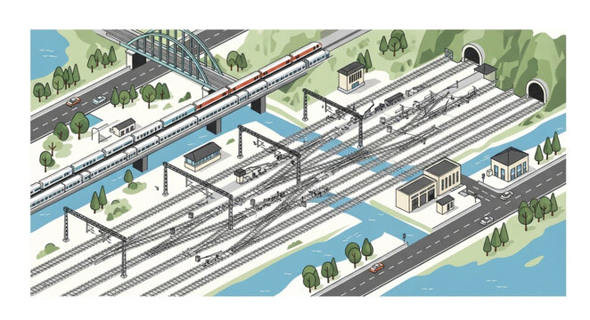 Busy train station with multiple tracks and trains.