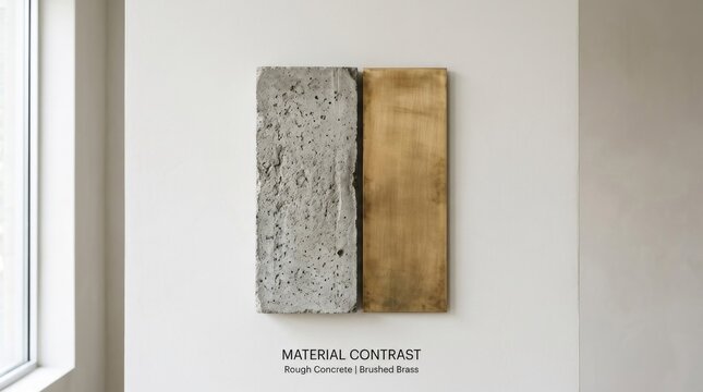 A rectangular piece of concrete and a rectangular piece of brushed brass mounted on a white wall, with a window in the background.
