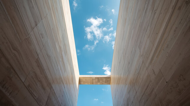 Open sky between minimalist limestone walls with narrow skybridge and soft clouds