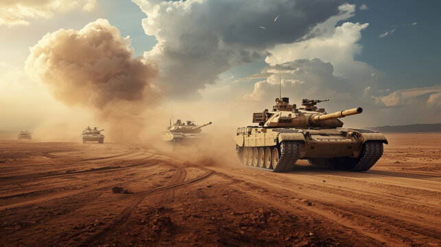 Desert tank convoy advancing across sandy battlefield with dramatic cloud and dust sky