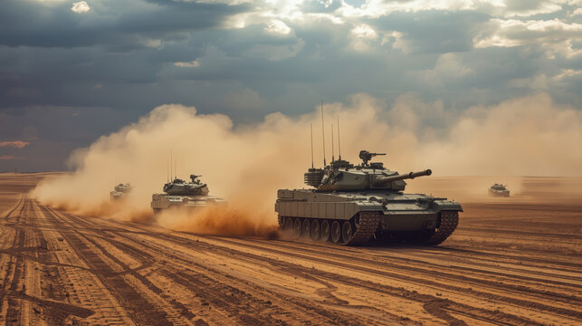 Desert tank column advancing under dramatic sky with dust and motion