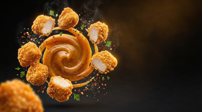 Crispy chicken bite breaded chicken fried chicken chicken nugget dipping sauce gravy close up food photography Crispy breaded chicken bite around swirling gravy dipping sauce, close up food