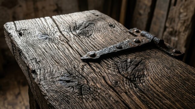 An old, weathered wooden box with a metal hinge, set against a dark, textured background.
