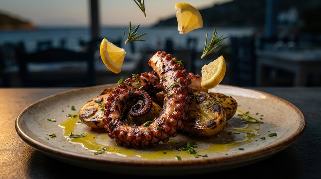 Grilled octopus lemon wedge rosemary sprig olive oil potato seafood appetizer Grilled octopus tentacle rustic plate with roasted potato, olive oil drizzle, lemon wedge, rosemary garnish