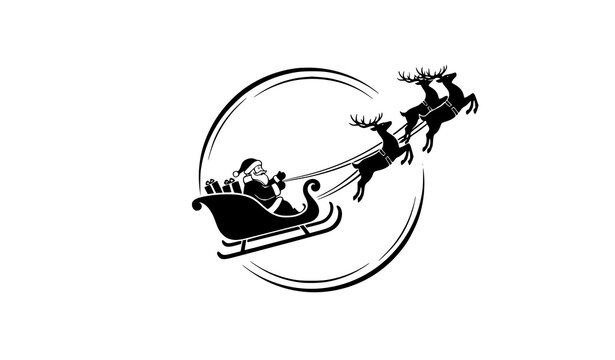Santa Claus sleigh label vector with reindeer and Saint Nicholas vintage monochrome emblem isolated on white background