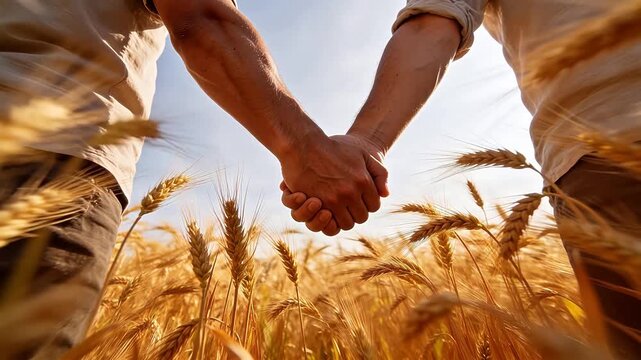 Low angle view of people holding hands in a golden wheat field