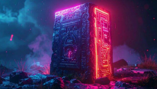 Ancient neon lit stone portal glowing pink stands amidst dark mysterious landscape