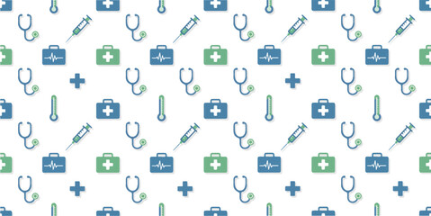Obraz premium Seamless Medical Pattern with Healthcare Icons Clean Minimal Background Design
