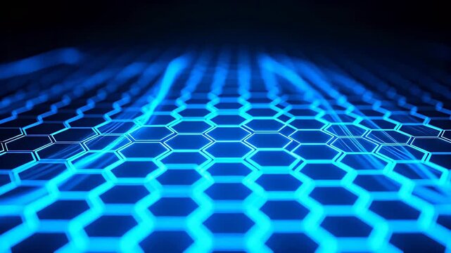 Blue hexagonal grid pattern with glowing lines in virtual space