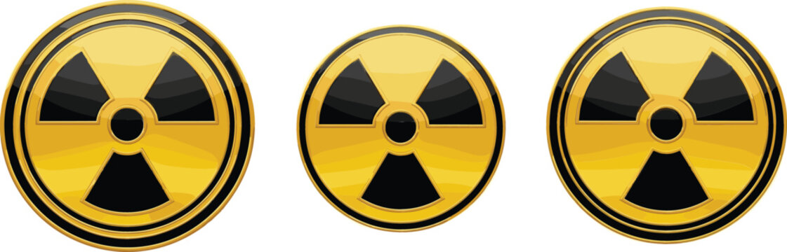 Set of radioactive warning symbols vector illustration featuring golden nuclear hazard signs with circular design for danger alerts safety labeling and industrial risk concepts