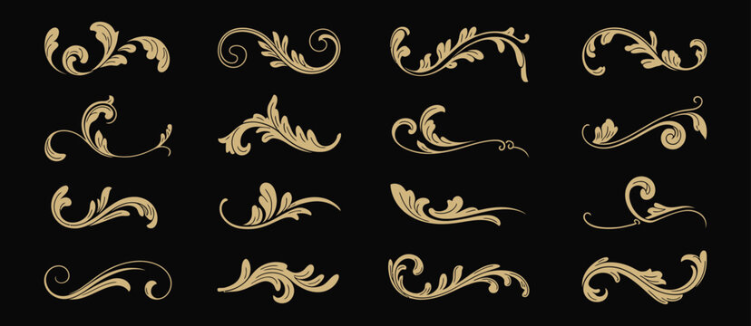 Gold Vintage Filigree Ornament Collection, Luxury Baroque Floral Flourish Decoration Elements, Elegant Golden Decorative Vector Set for Invitations, Branding, Packaging, and Design