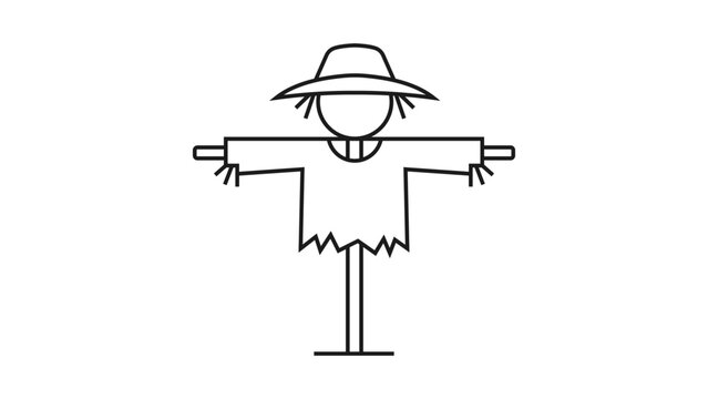 Minimalist Scarecrow Vector Icon with Editable Stroke. Simple Black Line Illustration of a Farm Scarecrow Wearing a Hat on a White Background. Clean Outline Design for Autumn and Harvest Themes.