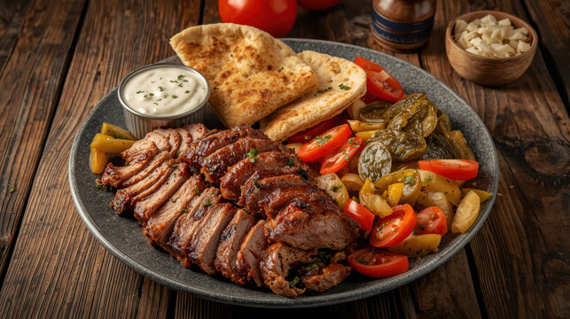 Sliced roasted meat plate with pita, pickles, tomato and yogurt dip