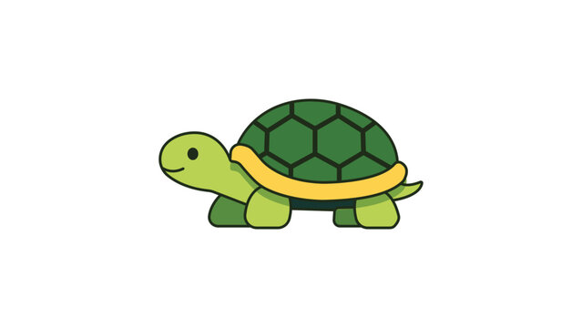 Cute Turtle Vector Icon with Editable Stroke. A modern flat illustration of a green sea turtle or tortoise from a side view, featuring a patterned shell and a friendly smile on white background.