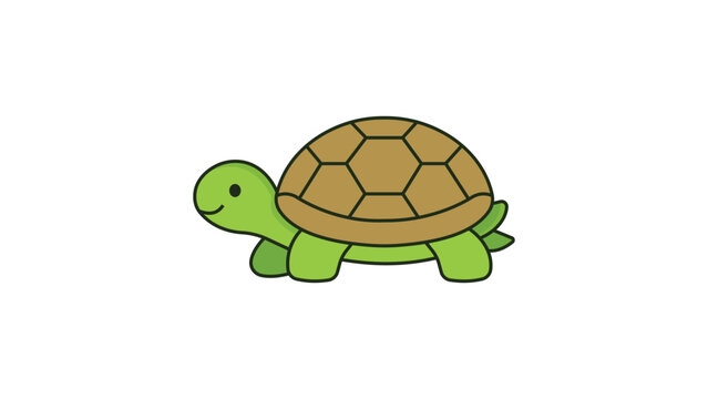 Cute Green Turtle Side View Vector Icon with Brown Shell and Smiling Face. Modern Flat Illustration with Editable Stroke and Adjustable Line Weight for Nature and Wildlife Design Projects.