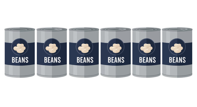 Six Cans of Beans Lined Up on White Background, Food Storage, Pantry Staple