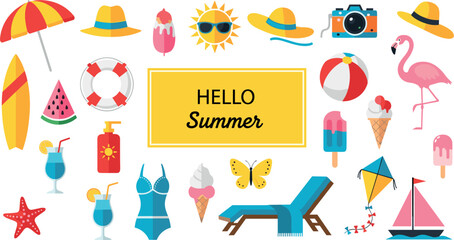 Hello summer illustration with beach accessories icons set including umbrella sunglasses ice cream swimsuit and tropical vacation elements © Shasa icon studio