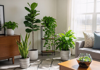 Fototapeta premium Lush Green Houseplants Arranged Nicely in a Modern Living Room Setting