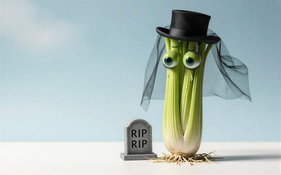 Celery dressed as a mourner stands beside 'RIP' tombstone.