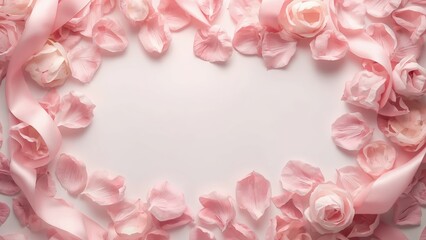 Obraz premium Soft Pink Rose Petal and Ribbon Frame Background, Romantic Coquette Floral Decorative Border Template with Blank Copy Space for Valentine Day Invitation, Spring Wedding, or Feminine Beauty Poster
