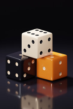 Three stacked Dice, Black Dice with White dots, White Dice with Black dots, Orange Dice with White dots. 3 Dices place on Black background