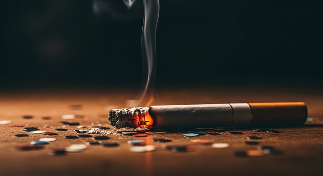 A burning cigarette on a dark surface with scattered ash