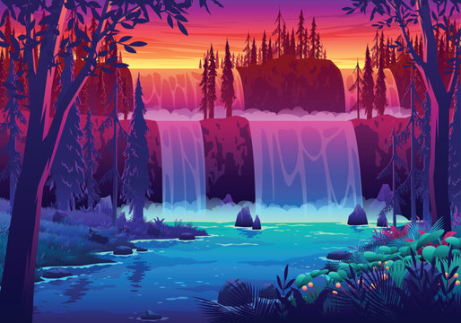 Sunset Waterfall Landscape Illustration