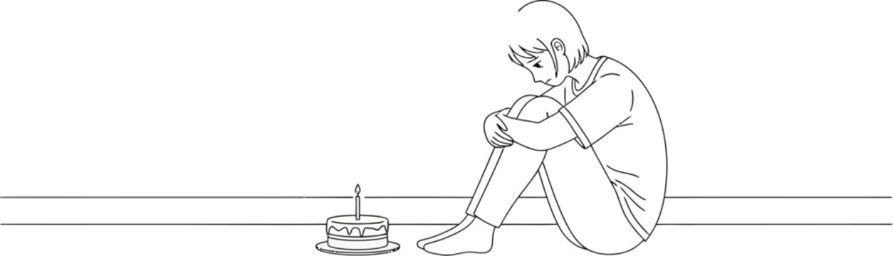 A solitary young person sits curled up with their knees hugged tightly, facing a lone birthday cake with a single lit candle.