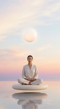 Serene person in meditation practicing yoga poses sitting on a floating platform in a tranquil watery landscape with a glowing sphere above