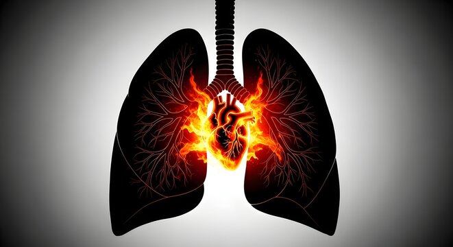 Inflamed lungs with trachea on fire
