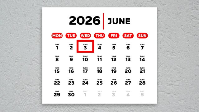 The date June 3rd marked with a red cursor on a wall calendar 2026