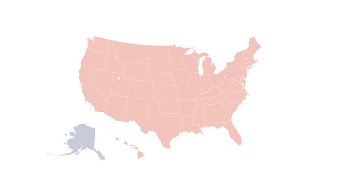 Simplified flat design illustration showcasing the full geographical map of the United States of America, including its contiguous states, Alaska, and Hawaii, isolated on a clean white background