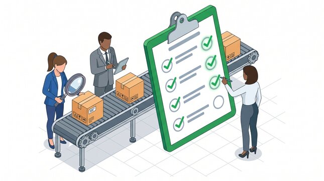 Isometric illustration of business quality assurance and testing checklist
