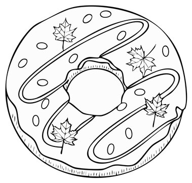 Whimsical outline illustration of a donut decorated with maple leaves and icing swirls