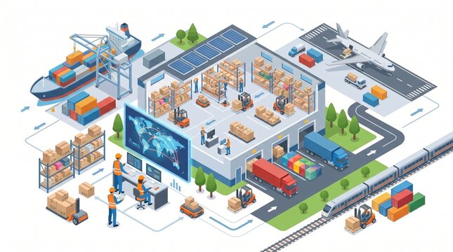 Isometric illustration of global supply chain and logistics delivery