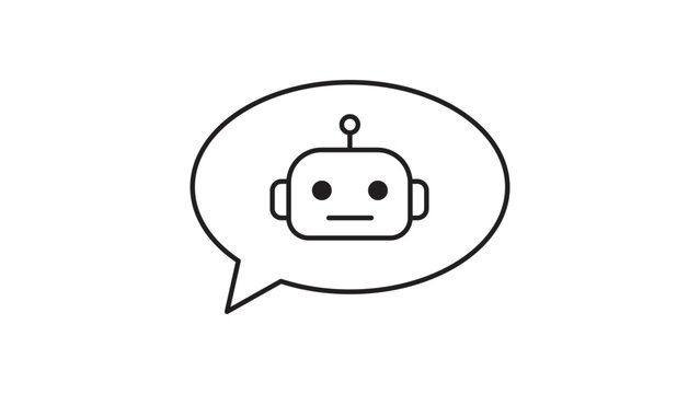 AI Chatbot Minimalist Black Line Vector Icon on White Background, Speech Bubble with Robot Head, Editable Stroke for Customizable Line Weight, Scalable Illustration for Technology and Support.