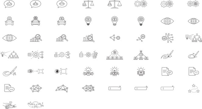 50 AI and Technology Vector Icon Set, Minimalist Black Line Icons for Machine Learning, Data Science, Robotics, and Ethics, Hand-Traced Collection with Editable Stroke and Adjustable Line Weight.